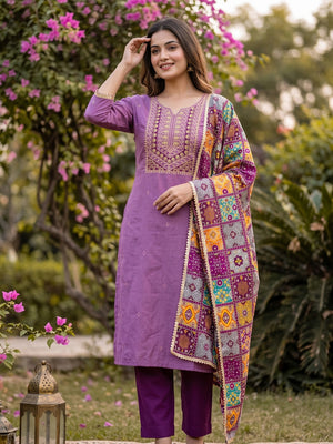 Stylish Purple Cotton Blend Dress Material Enriched With Floral Embroidery & Sequins Work - Image 1
