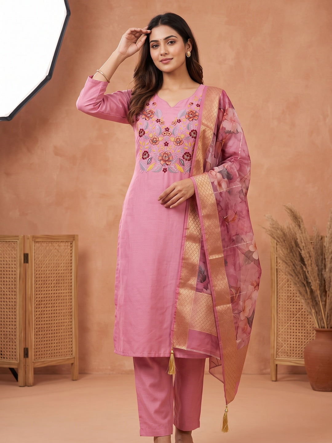 Majestic Pink Bloom Floral Thread & Sequins Embroidered Roman Cotton Silk Dress Material - Image 1