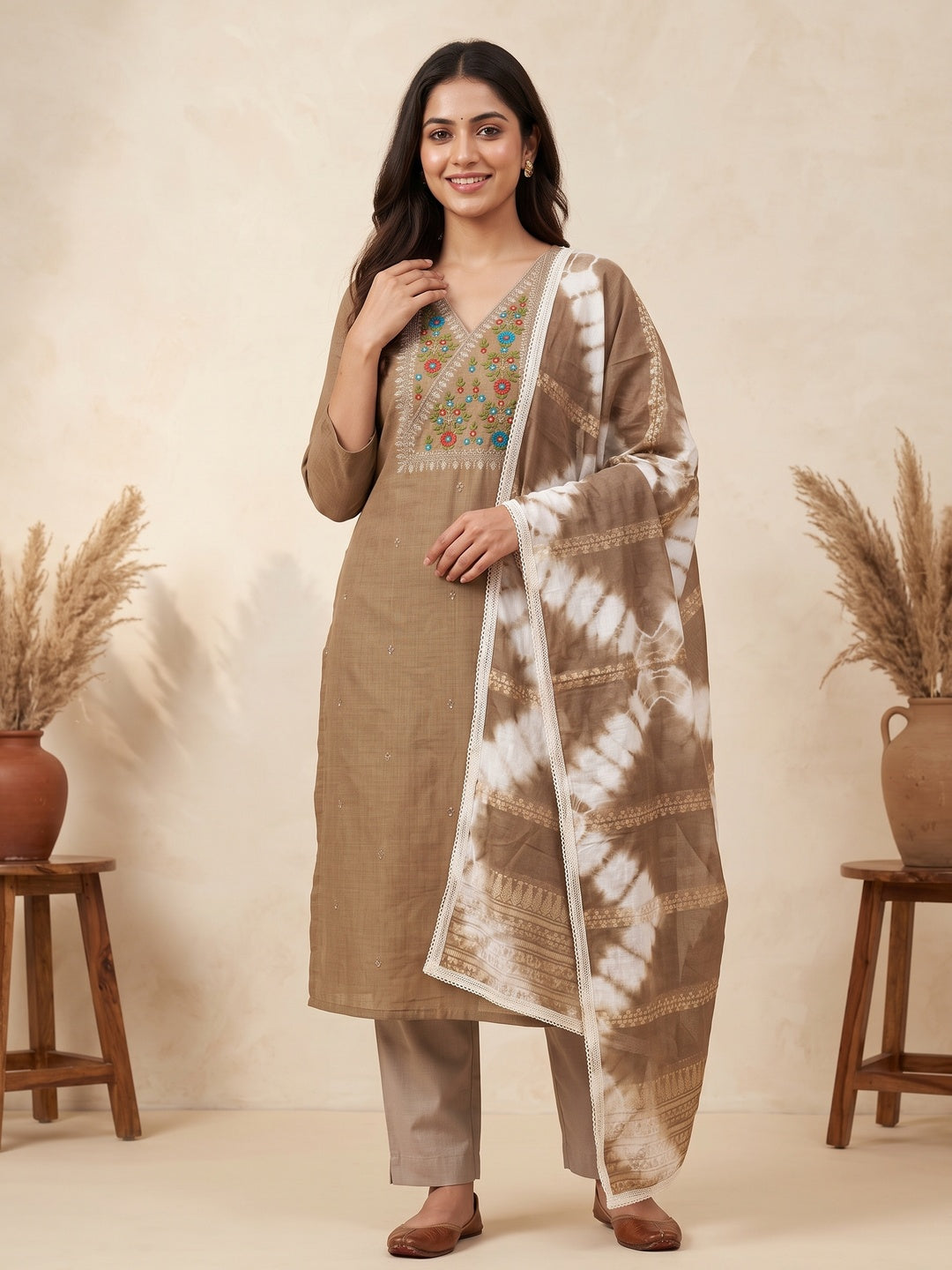 Opulent Grace Brown Cotton Blend Dress Material Adorned With Floral Thread & Sequins Work - Image 1