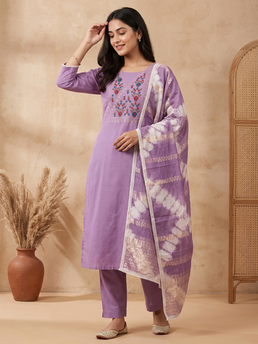 Opulent Grace Lavender Cotton Blend Dress Material Adorned With Floral Thread & Sequins Work - Image 1