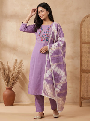 Opulent Grace Lavender Cotton Blend Dress Material Adorned With Floral Thread & Sequins Work - Image 1