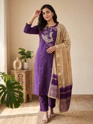 Purple Cotton Blend Dress Material Adorned With Elegant Floral Embroidery & Sequins Detailing - Image 1