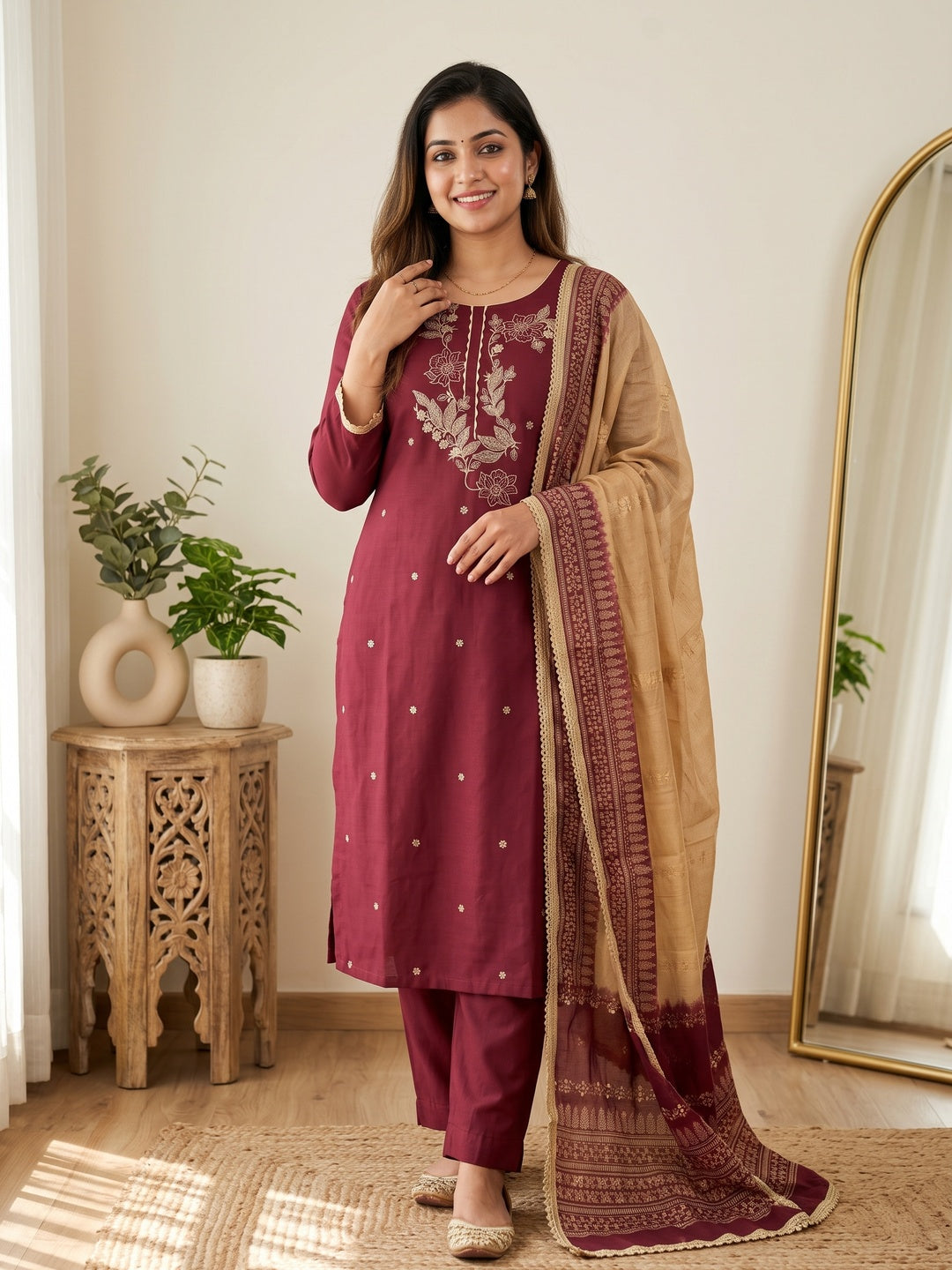Maroon Cotton Blend Dress Material Adorned With Elegant Floral Embroidery & Sequins Detailing - Image 1