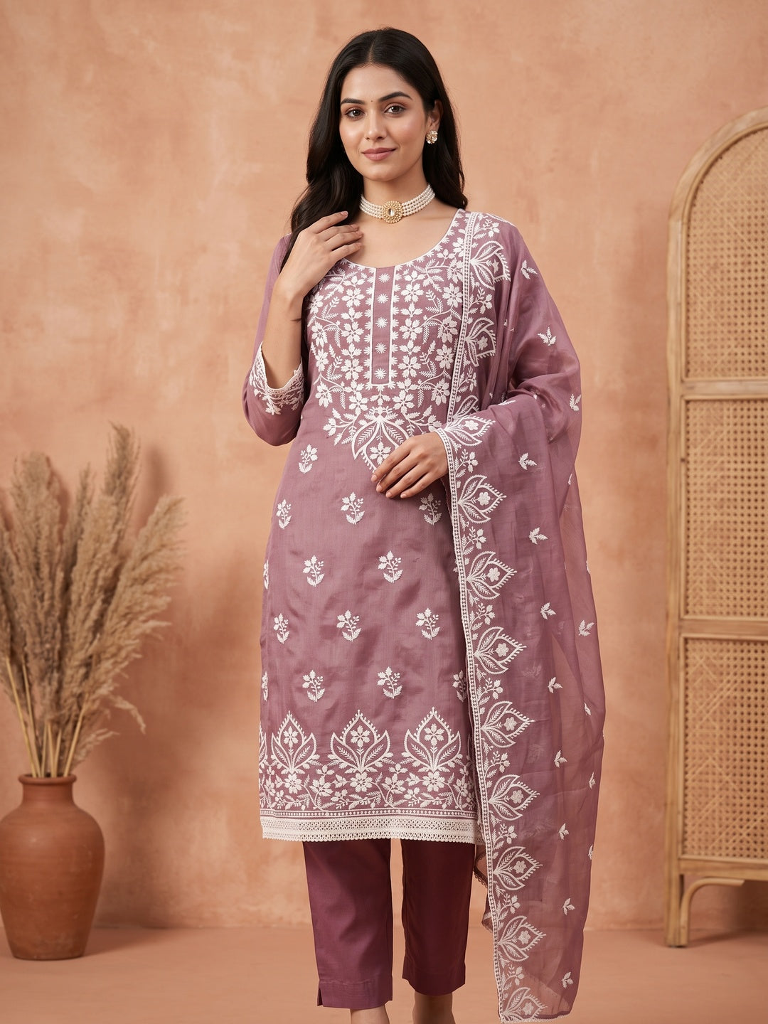 Designer Mauve Floral Thread Embroidered Chanderi Cotton Dress Material - Image 1