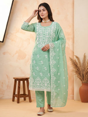 Designer Sea Green Floral Thread Embroidered Chanderi Cotton Dress Material - Image 1