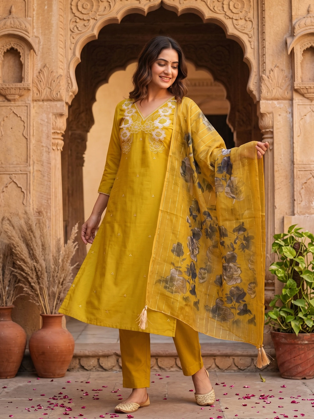 Ethnic Mustard Floral Thread Embroidered Roman Cotton Silk Dress Material With Subtle Sequins Work - Image 1