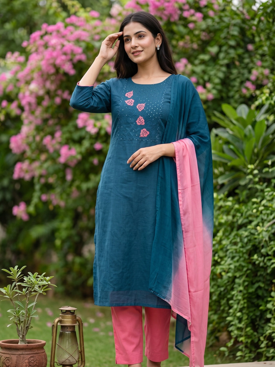 Morpich Blue Cotton Blend Dress Material Featuring Thread Embroidery & Sequins Embellishment - Image 1