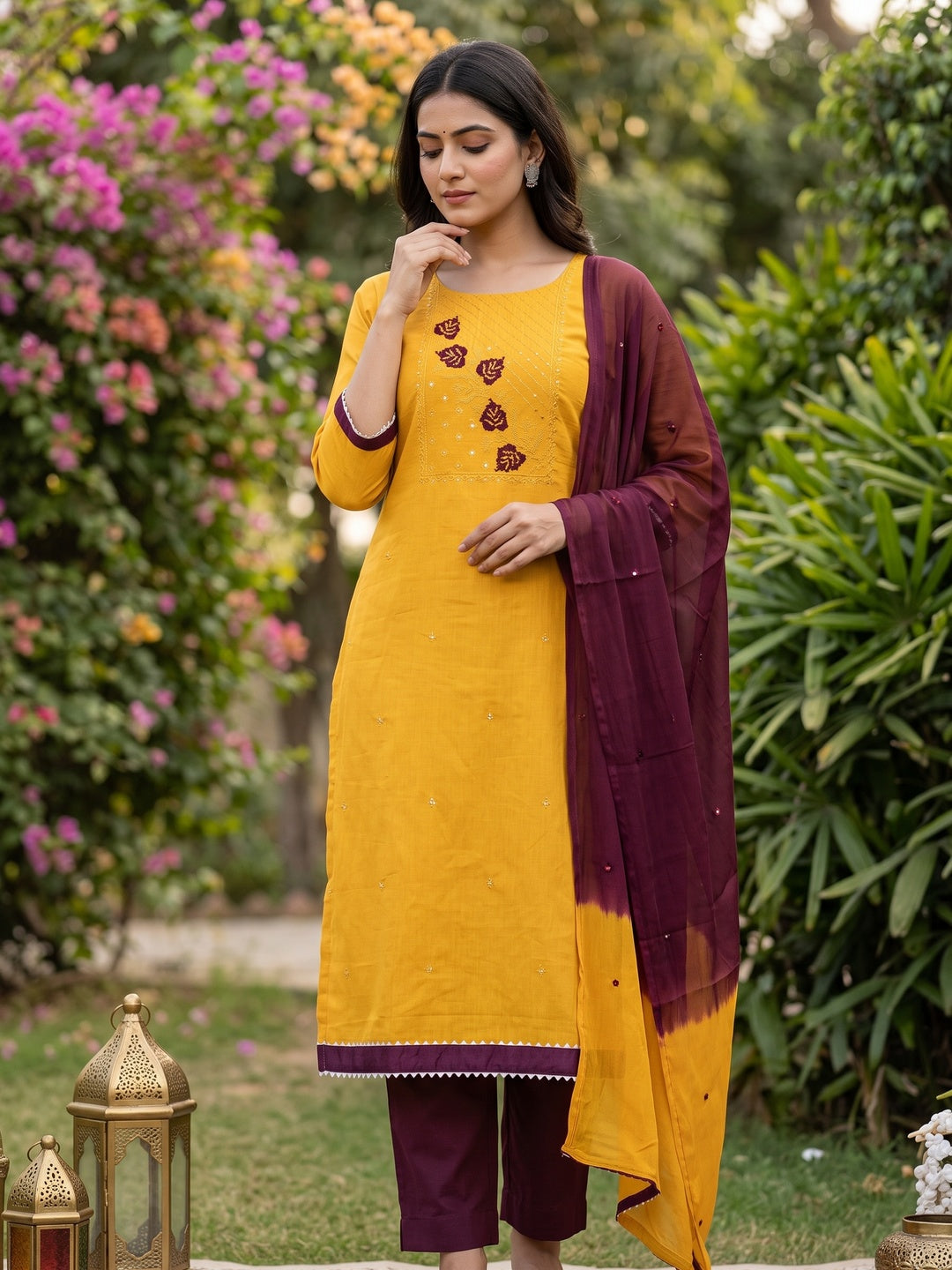 Mustard Cotton Blend Dress Material Featuring Thread Embroidery & Sequins Embellishment - Image 1
