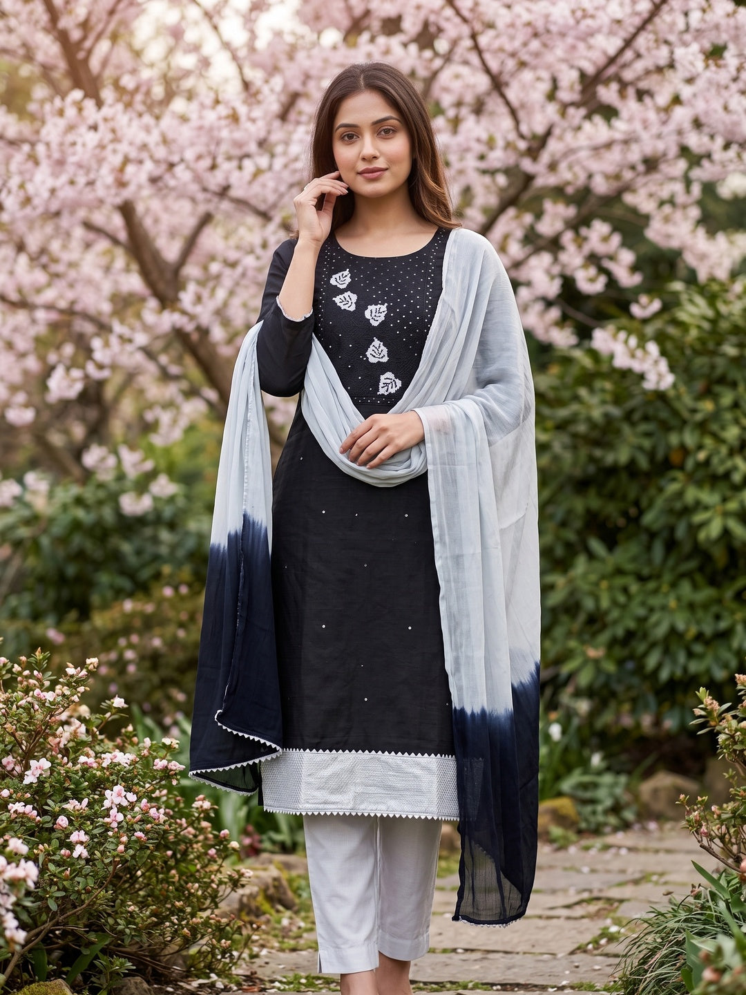 Black Cotton Blend Dress Material Featuring Thread Embroidery & Sequins Embellishment - Image 1