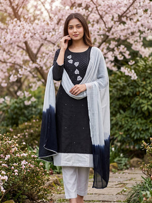 Black Cotton Blend Dress Material Featuring Thread Embroidery & Sequins Embellishment - Image 1