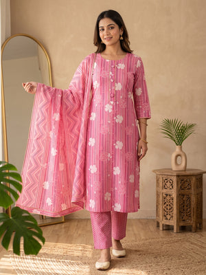 Elegant Pink Pure Cotton Ensemble Showcasing Subtle Floral Print Work Dress Material - Image 1
