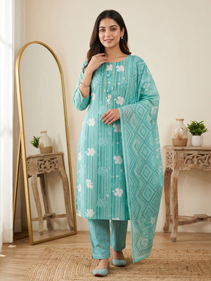 Elegant Sea Green Pure Cotton Ensemble Showcasing Subtle Floral Print Work Dress Material - Image 1