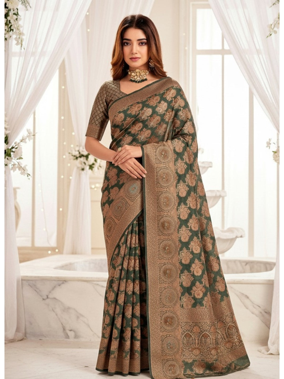 Peachmode Dark Green Zari Woven Banarasi Silk Blend Saree - Image 1