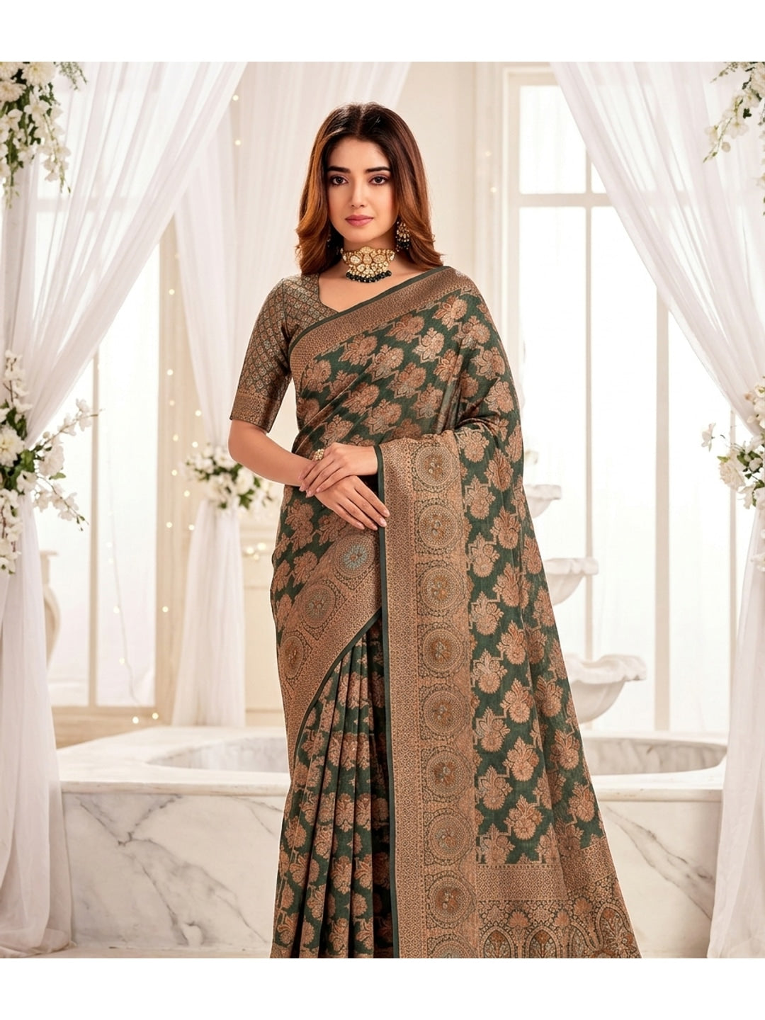 Peachmode Dark Green Zari Woven Banarasi Silk Blend Saree - Image 2