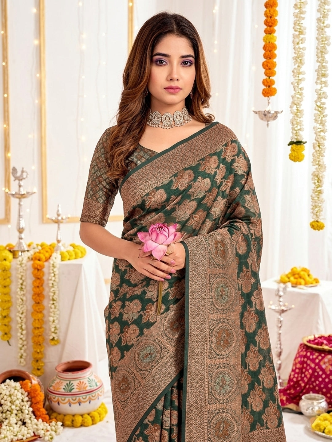 Peachmode Dark Green Zari Woven Banarasi Silk Blend Saree - Image 4