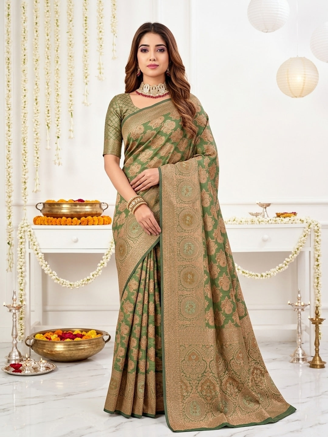 Peachmode Olive Green Zari Woven Banarasi Silk Blend Saree - Image 1