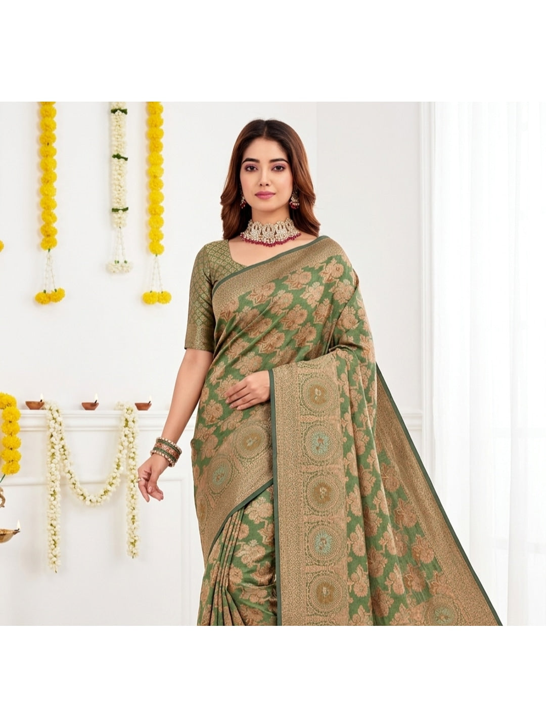 Peachmode Olive Green Zari Woven Banarasi Silk Blend Saree - Image 2