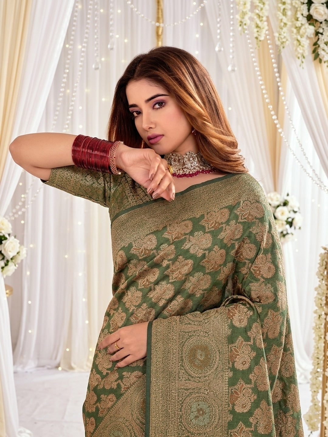 Peachmode Olive Green Zari Woven Banarasi Silk Blend Saree - Image 3