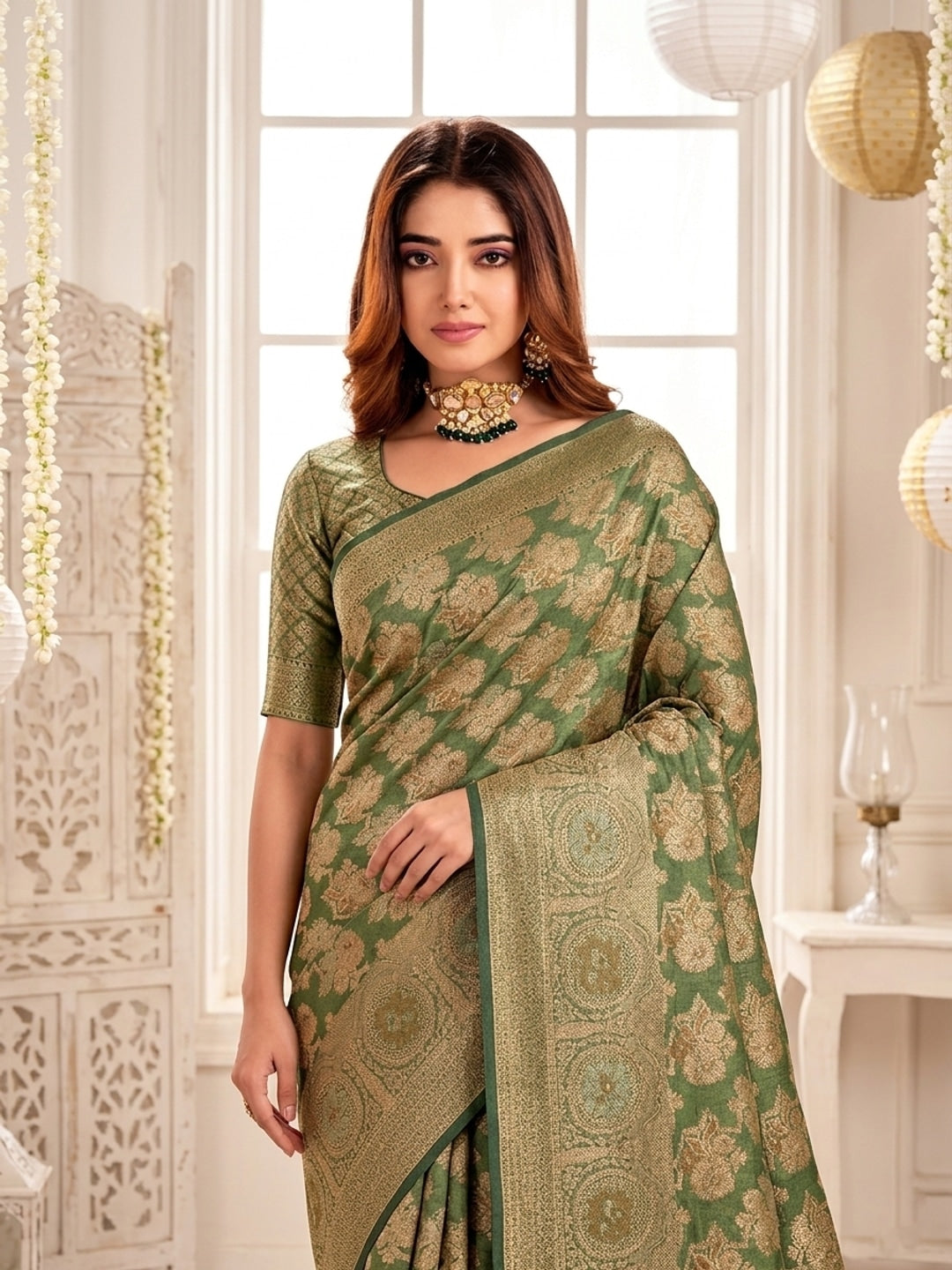 Peachmode Olive Green Zari Woven Banarasi Silk Blend Saree - Image 4