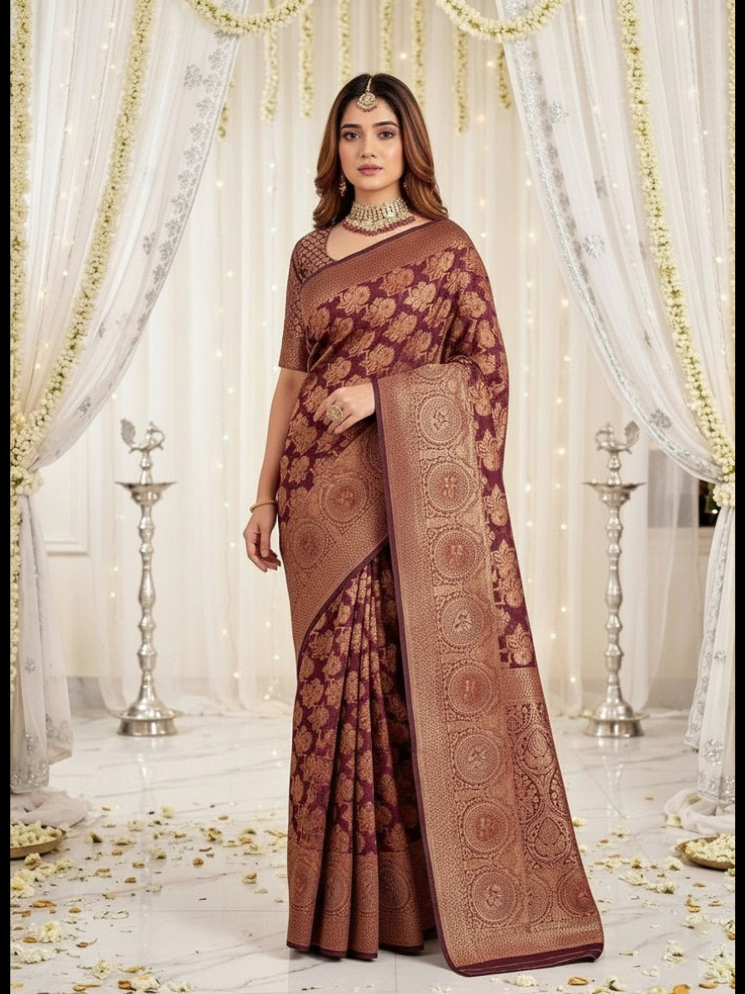 Peachmode Red Zari Woven Banarasi Silk Blend Saree - Image 1