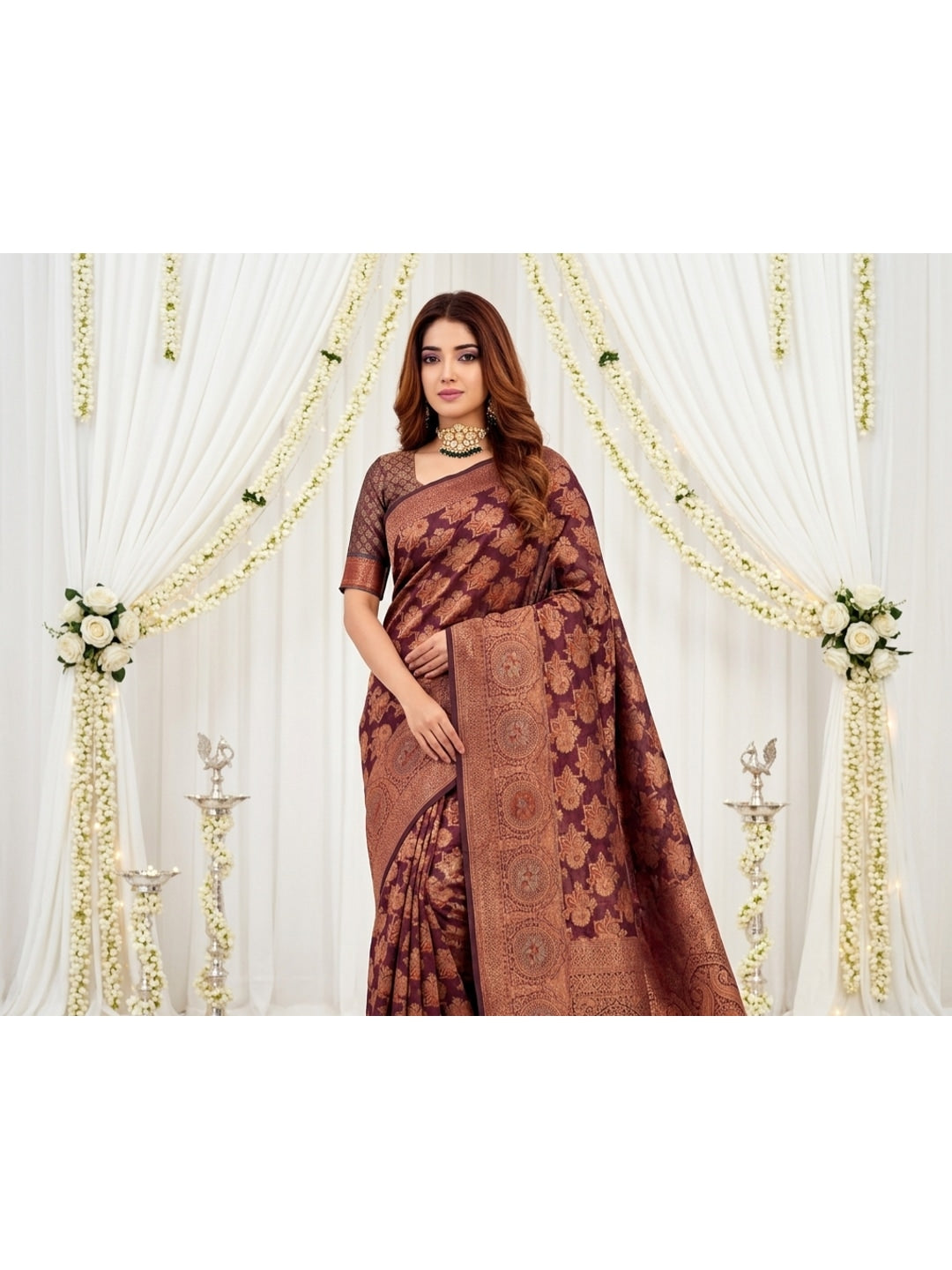 Peachmode Red Zari Woven Banarasi Silk Blend Saree - Image 3