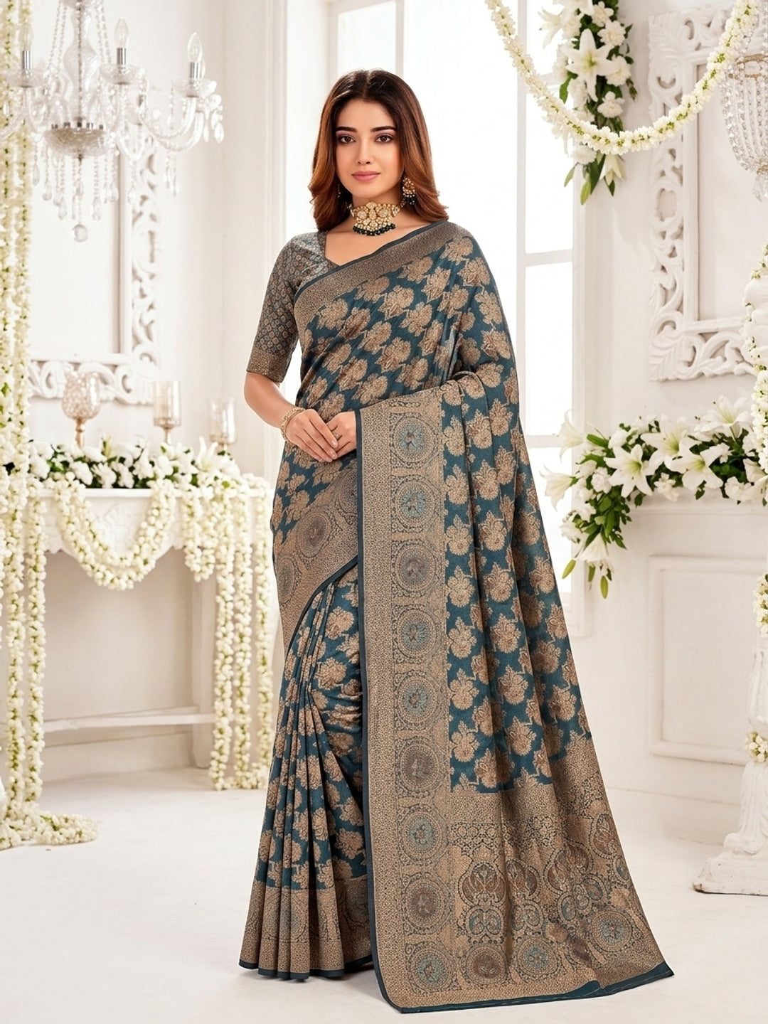 Peachmode Teal Zari Woven Banarasi Silk Blend Saree - Image 1