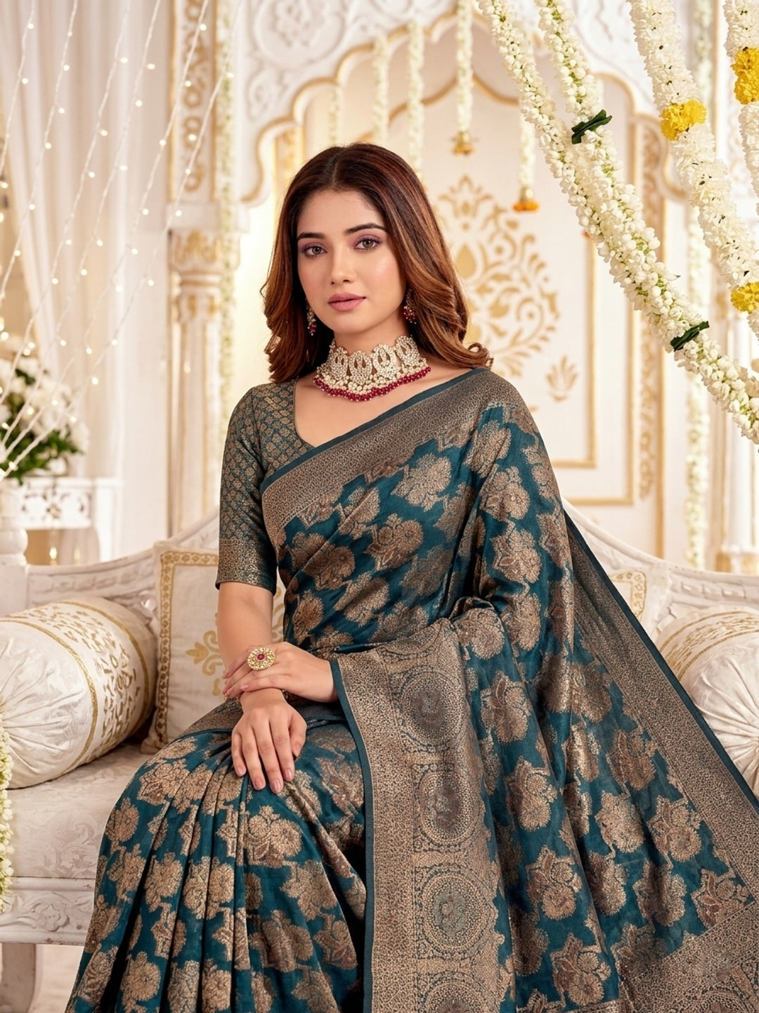 Peachmode Teal Zari Woven Banarasi Silk Blend Saree - Image 2