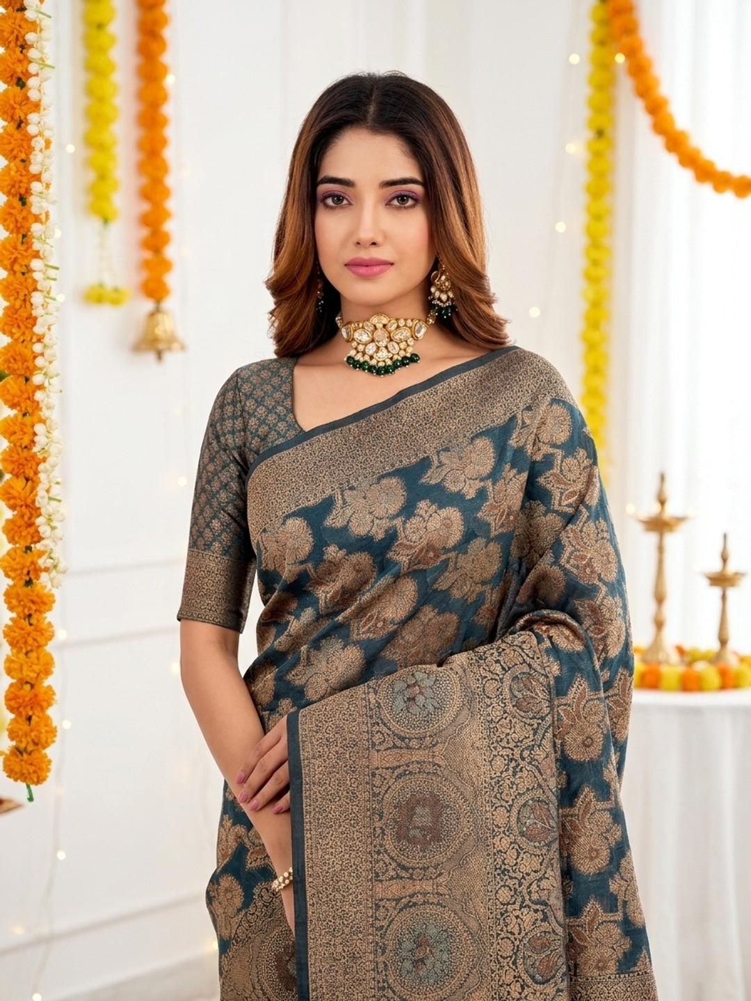 Peachmode Teal Zari Woven Banarasi Silk Blend Saree - Image 5
