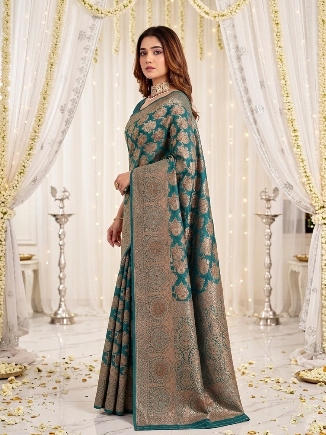 Peachmode Blue Zari Woven Banarasi Silk Blend Saree - Image 5