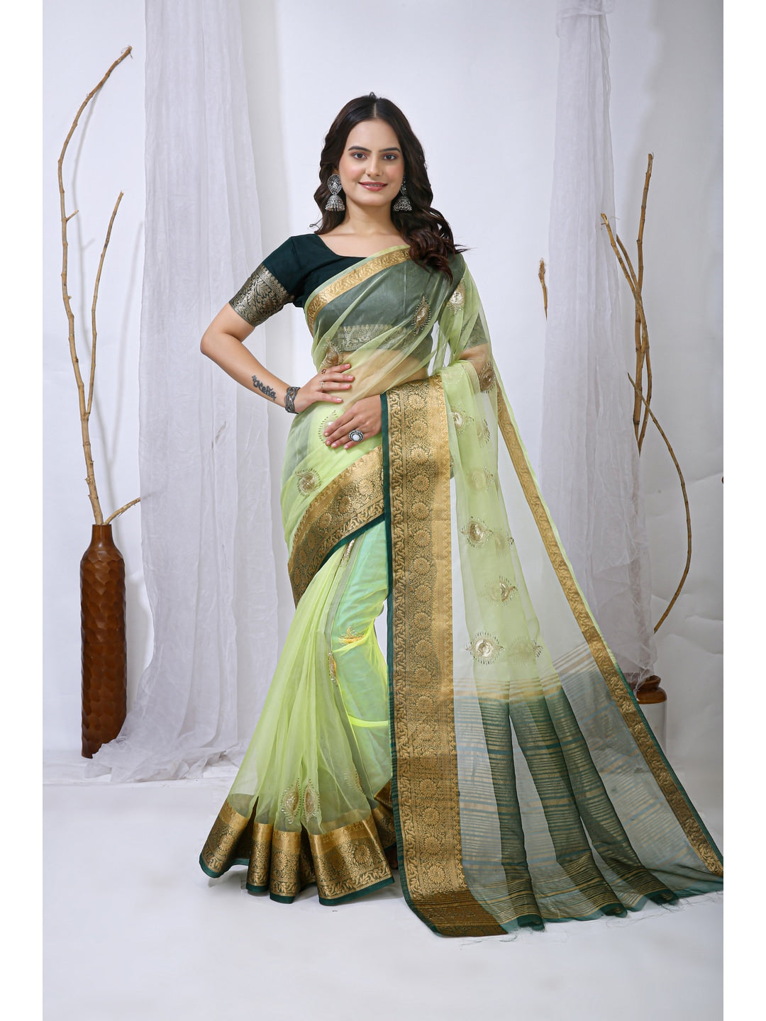 Peachmode Green Sequins Jacquard Kanchipuram Organza Saree - Image 1