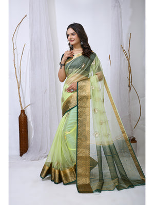Peachmode Green Sequins Jacquard Kanchipuram Organza Saree - Image 2