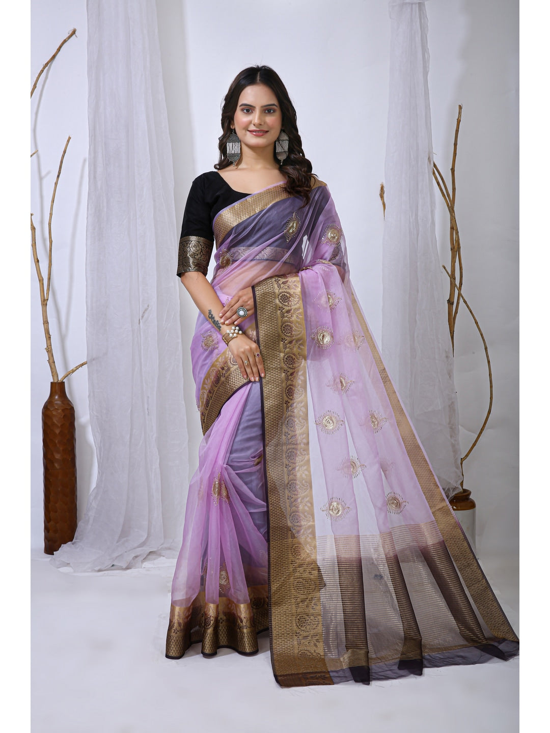 Peachmode Lavender Sequins Jacquard Kanchipuram Organza Saree - Image 1
