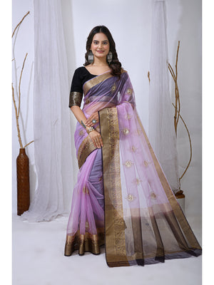 Peachmode Lavender Sequins Jacquard Kanchipuram Organza Saree - Image 1