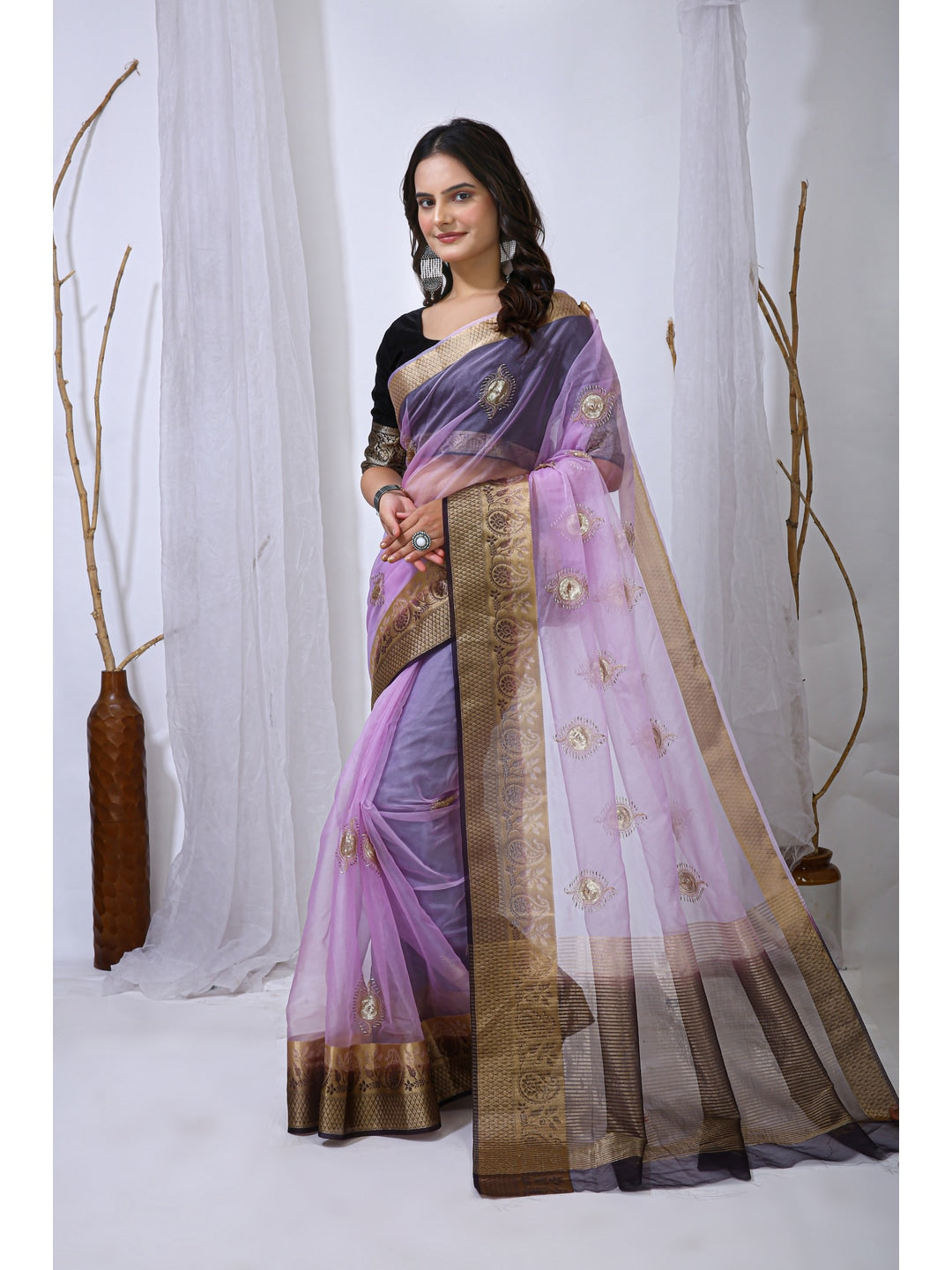 Peachmode Lavender Sequins Jacquard Kanchipuram Organza Saree - Image 2