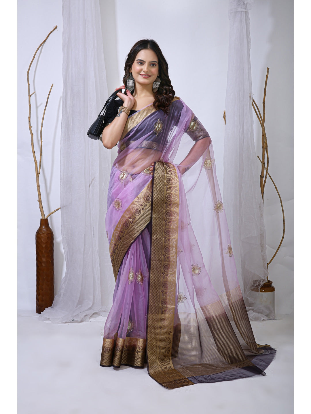 Peachmode Lavender Sequins Jacquard Kanchipuram Organza Saree - Image 3
