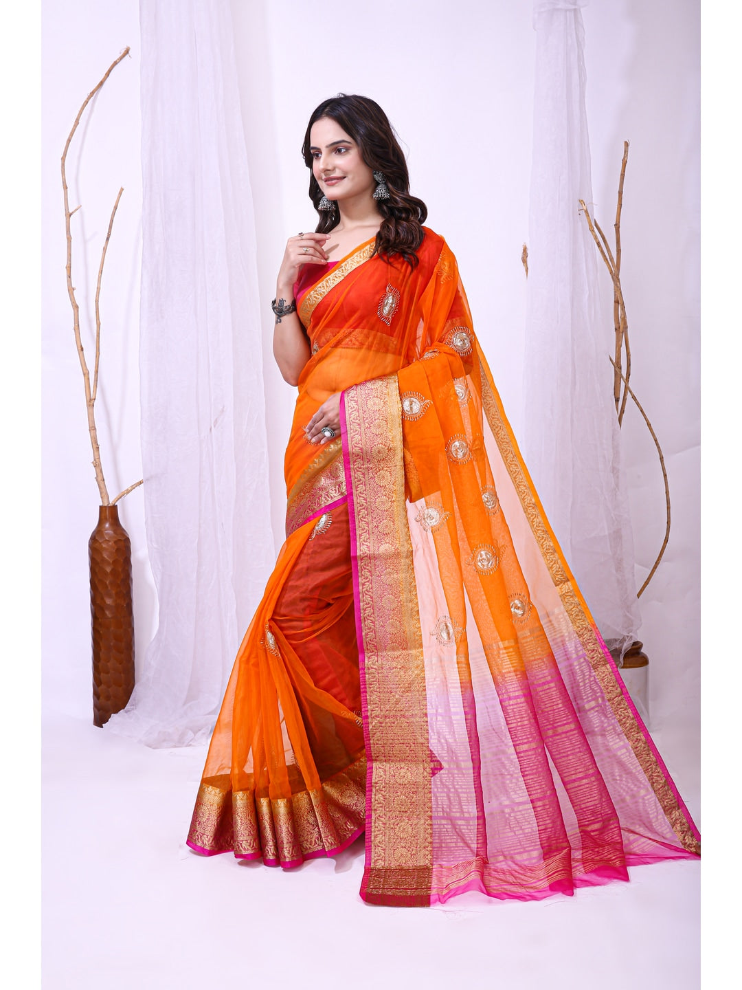 Peachmode Orange Sequins Jacquard Kanchipuram Organza Saree - Image 2