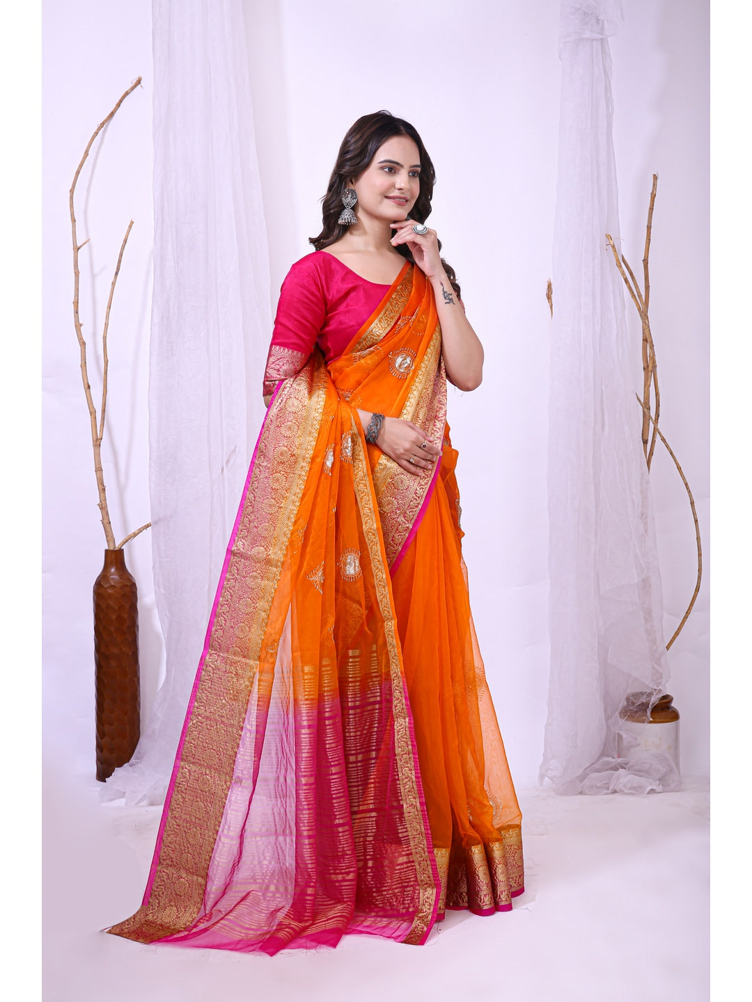 Peachmode Orange Sequins Jacquard Kanchipuram Organza Saree - Image 3