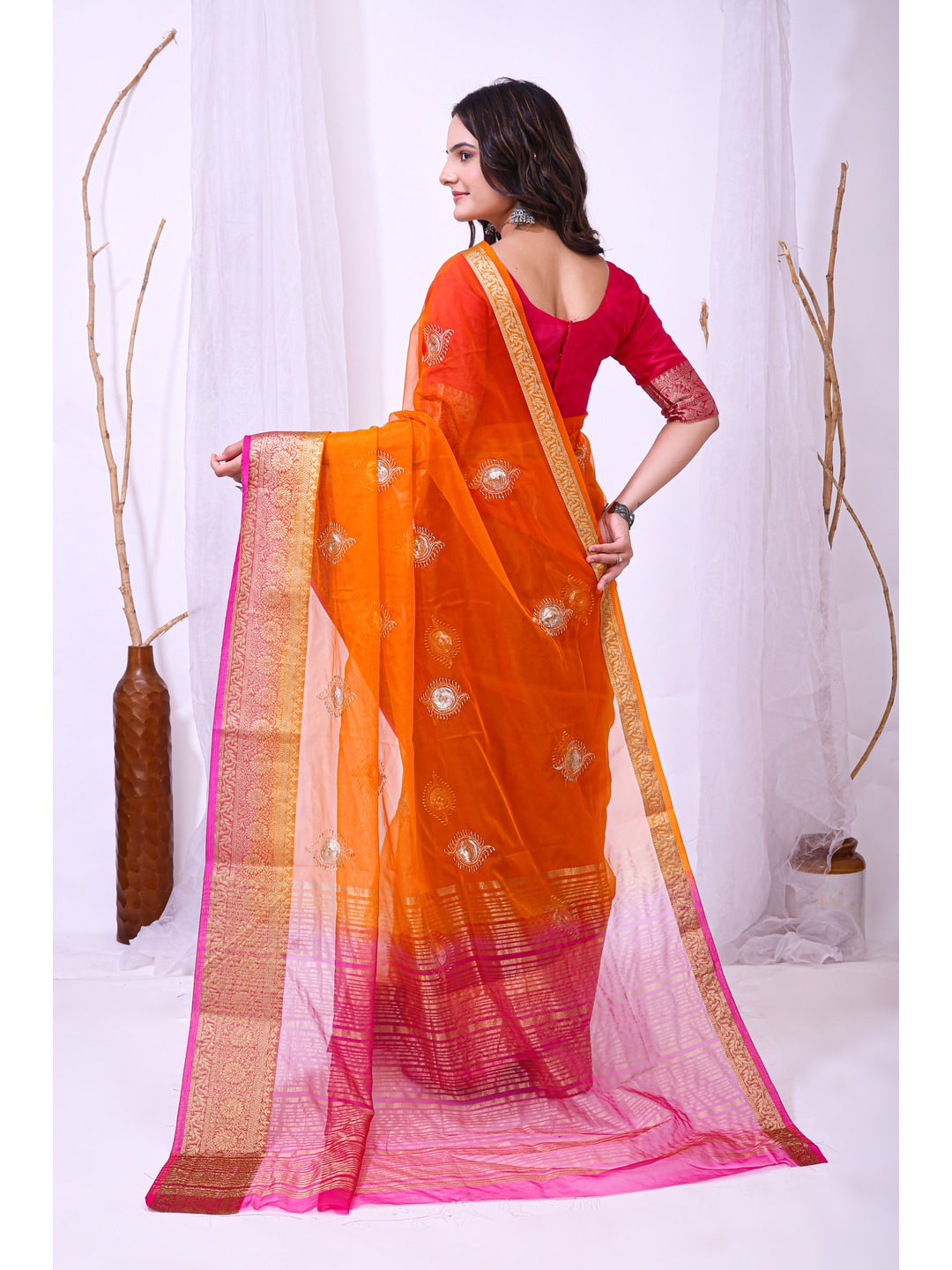 Peachmode Orange Sequins Jacquard Kanchipuram Organza Saree - Image 5