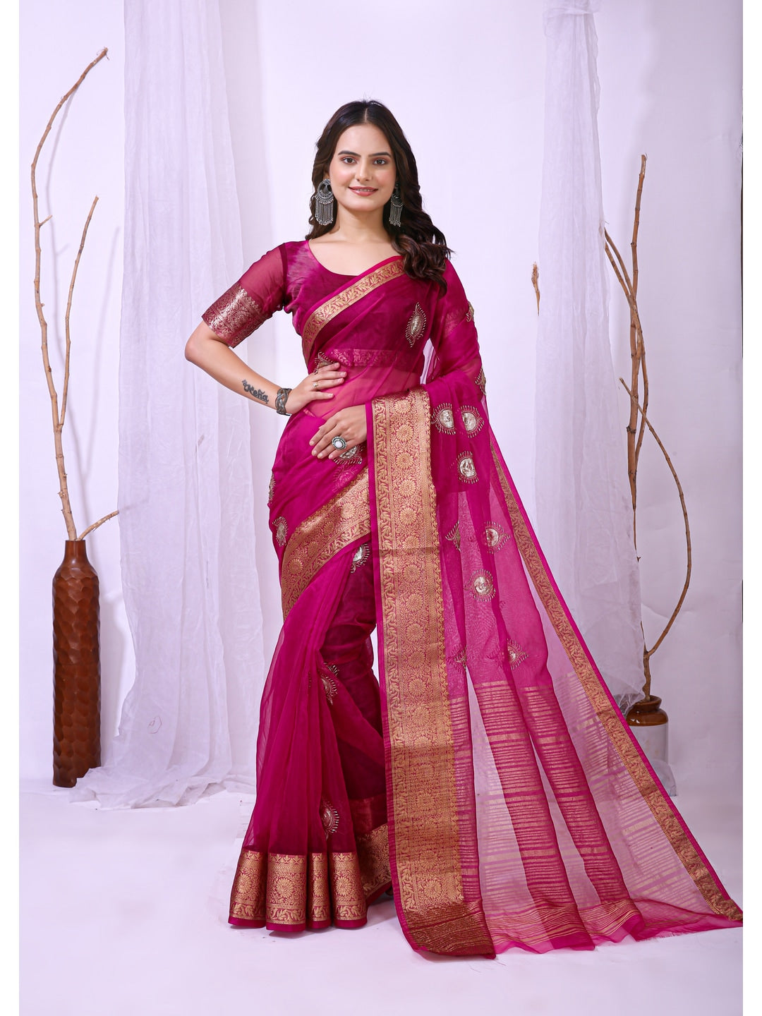 Peachmode Pink Sequins Jacquard Kanchipuram Organza Saree - Image 1