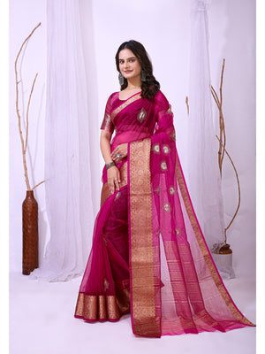 Peachmode Pink Sequins Jacquard Kanchipuram Organza Saree - Image 2
