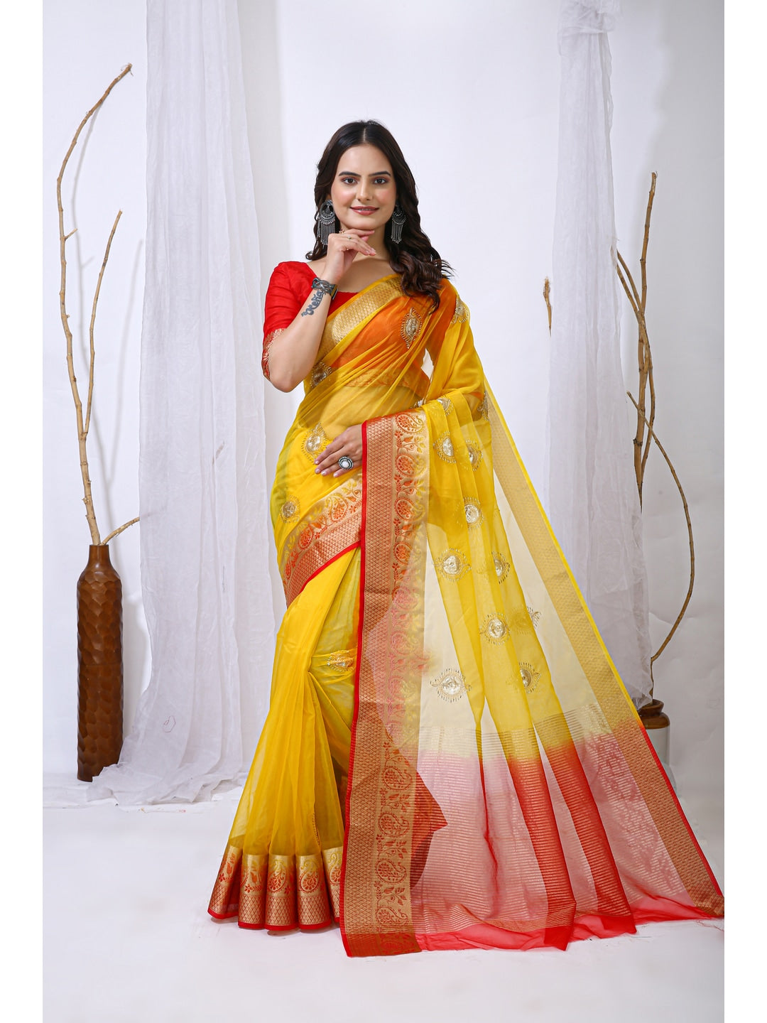 Peachmode Yellow Sequins Jacquard Kanchipuram Organza Saree - Image 1