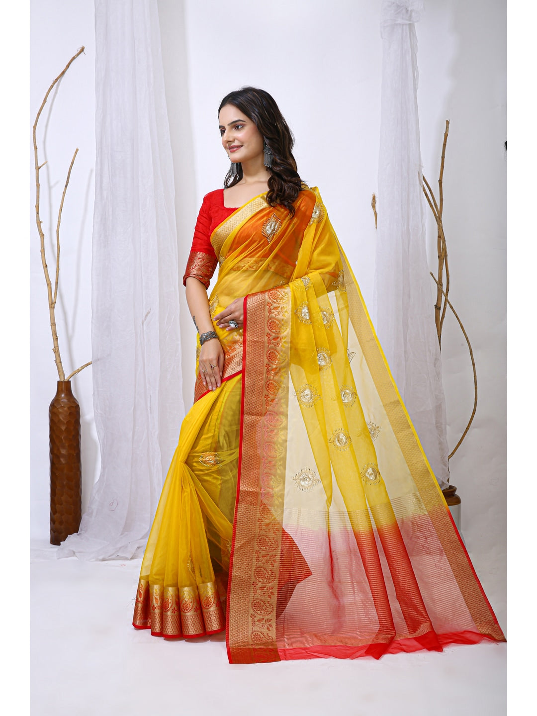 Peachmode Yellow Sequins Jacquard Kanchipuram Organza Saree - Image 2