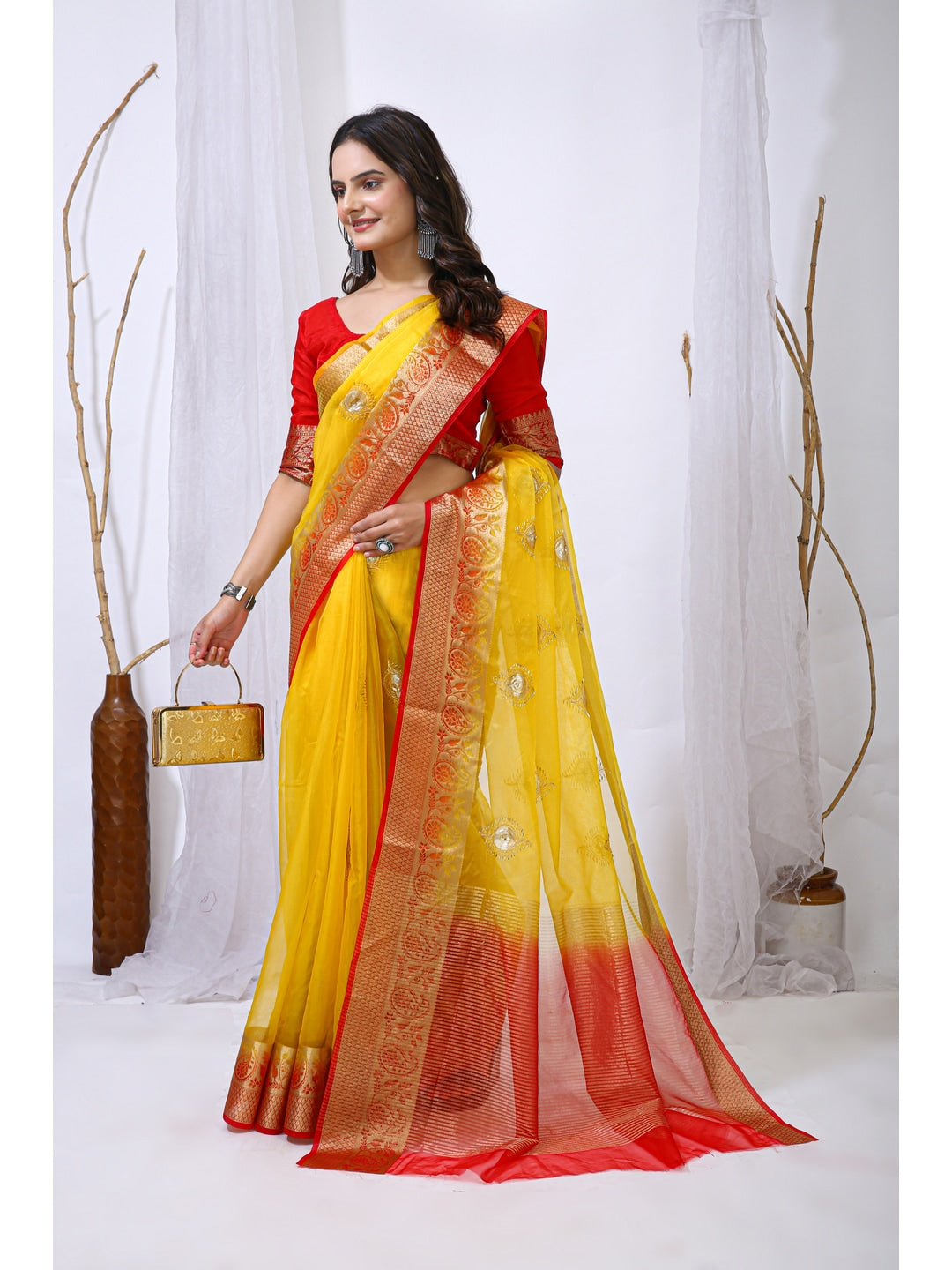 Peachmode Yellow Sequins Jacquard Kanchipuram Organza Saree - Image 3