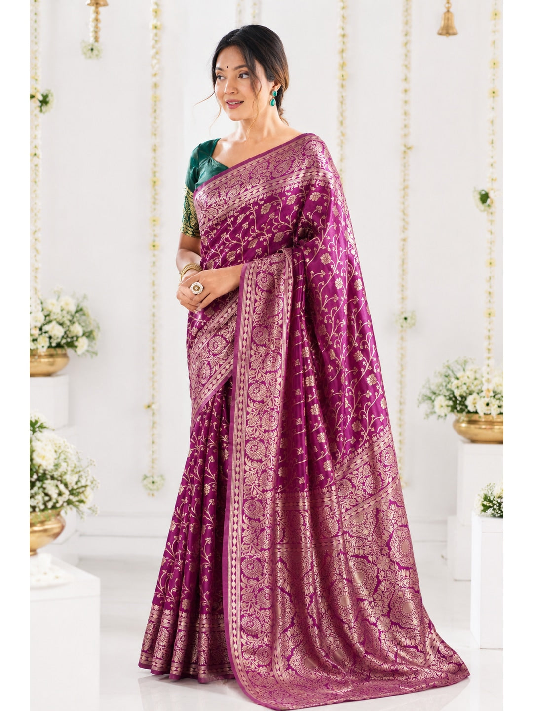 Peachmode Magenta Jacquard Woven Kanchipuram Lichi Silk Saree - Image 1