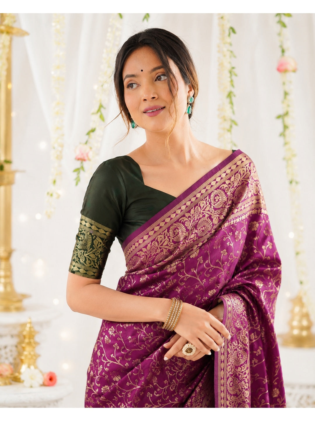 Peachmode Magenta Jacquard Woven Kanchipuram Lichi Silk Saree - Image 2