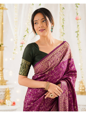 Peachmode Magenta Jacquard Woven Kanchipuram Lichi Silk Saree - Image 2
