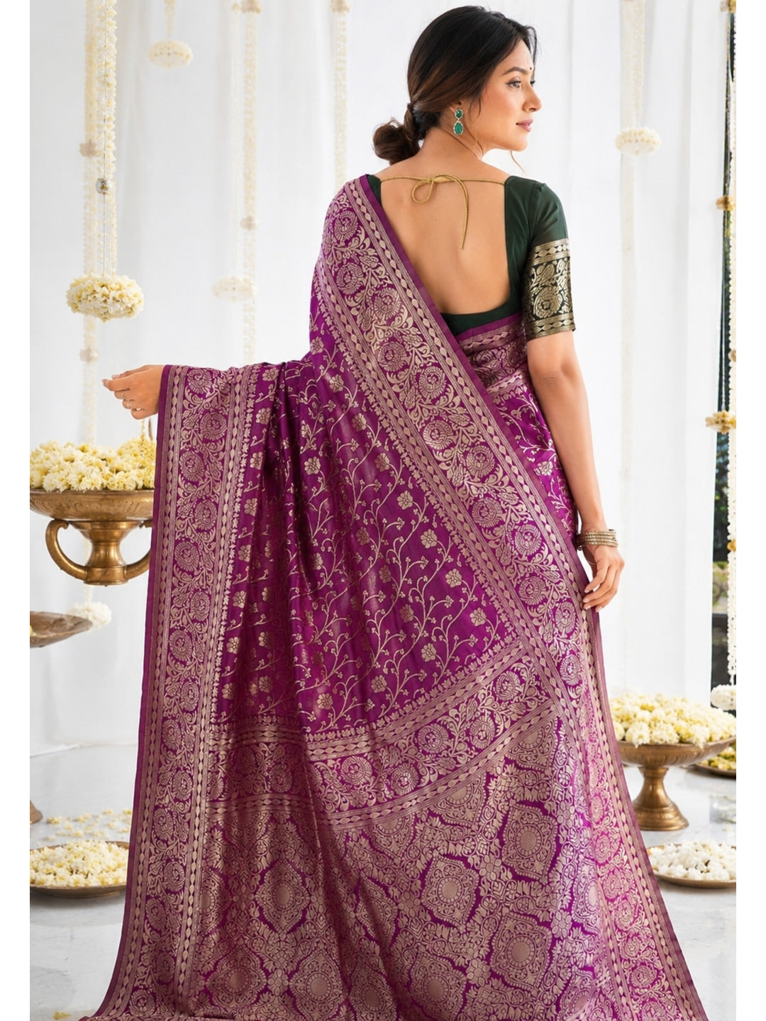 Peachmode Magenta Jacquard Woven Kanchipuram Lichi Silk Saree - Image 5