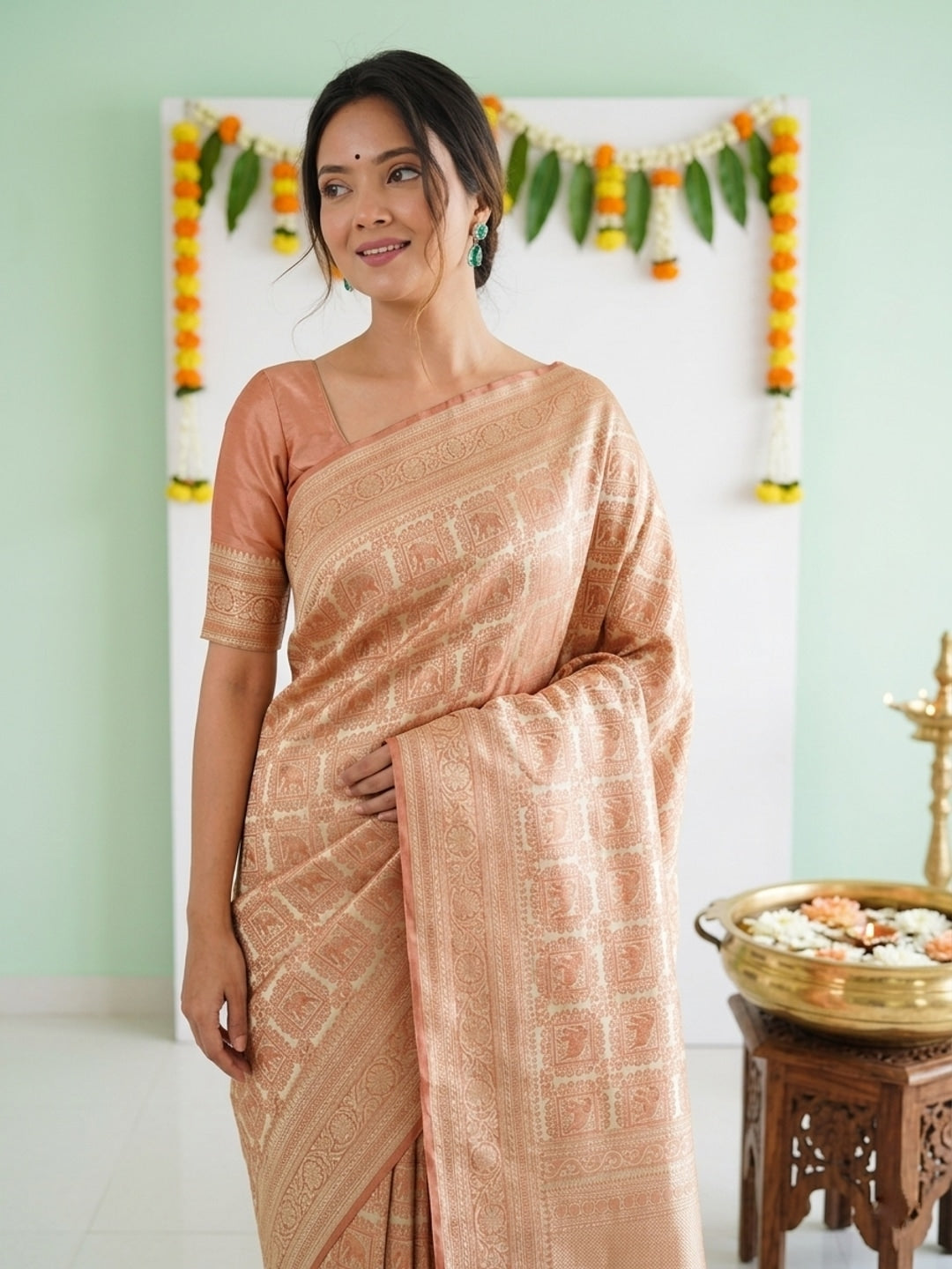 Peachmode Peach Jacquard Woven Kanchipuram Lichi Silk Saree - Image 2