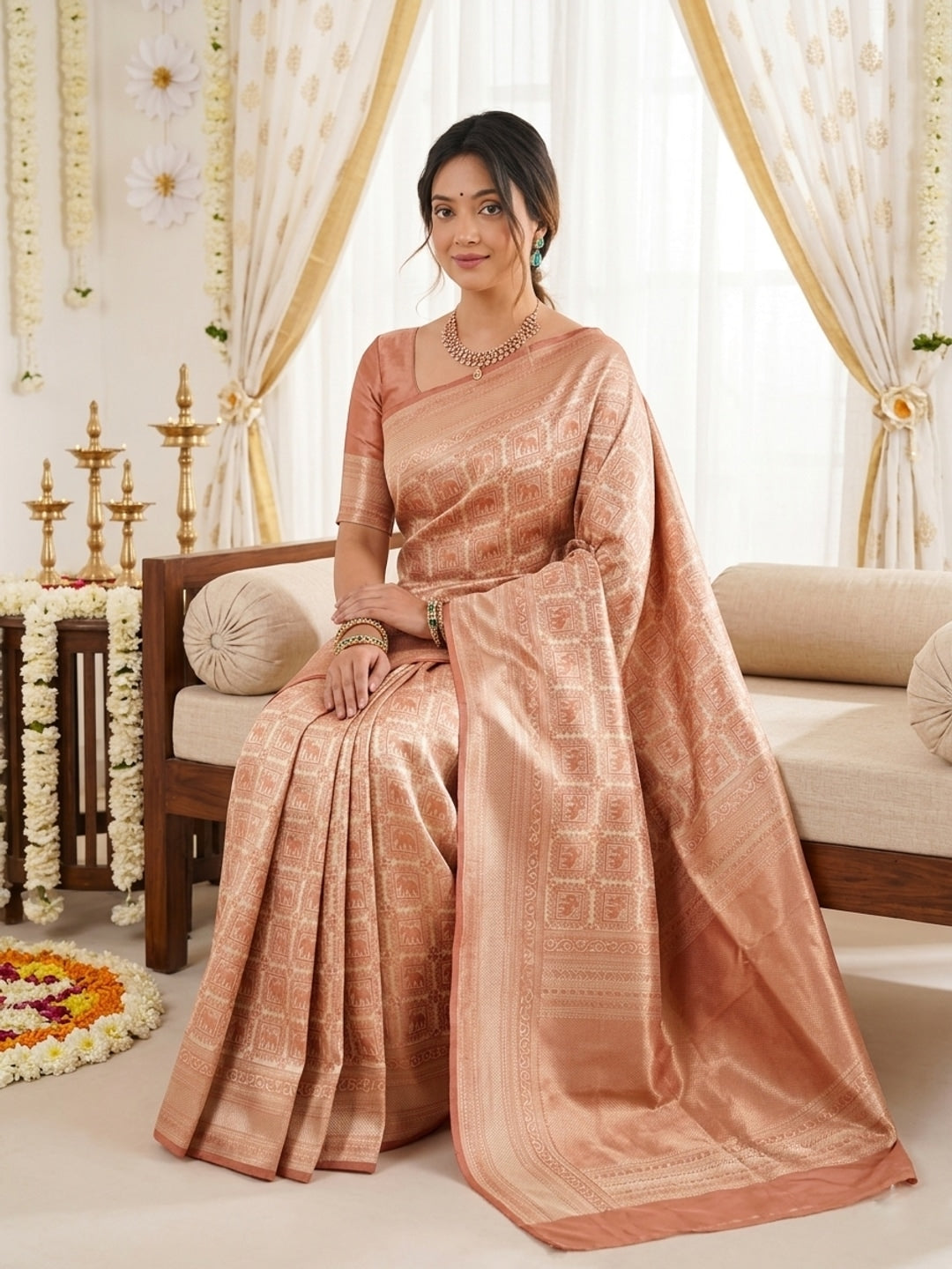 Peachmode Peach Jacquard Woven Kanchipuram Lichi Silk Saree - Image 4