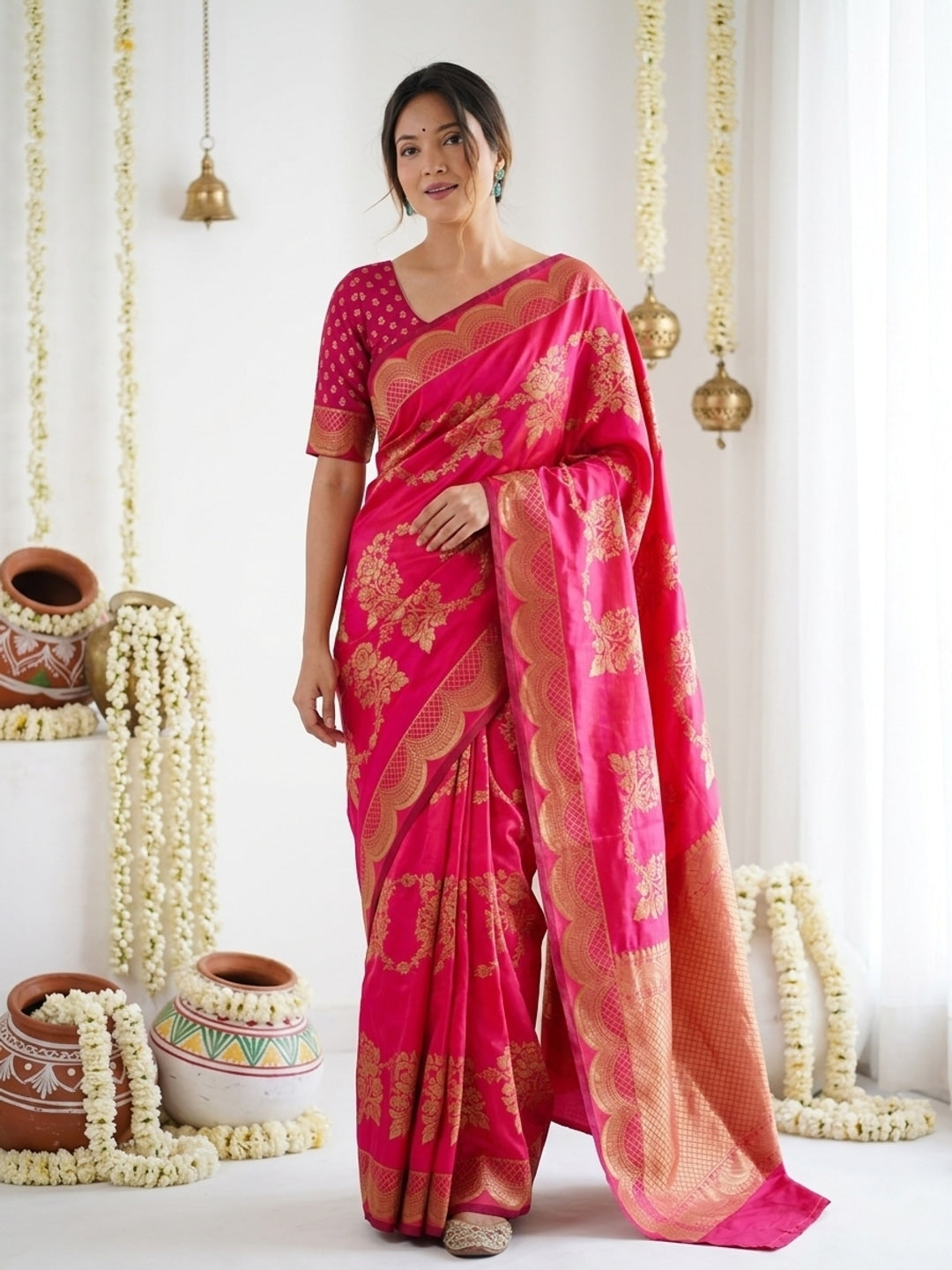 Peachmode Rani Pink Jacquard Woven Kanchipuram Lichi Silk Saree - Image 1
